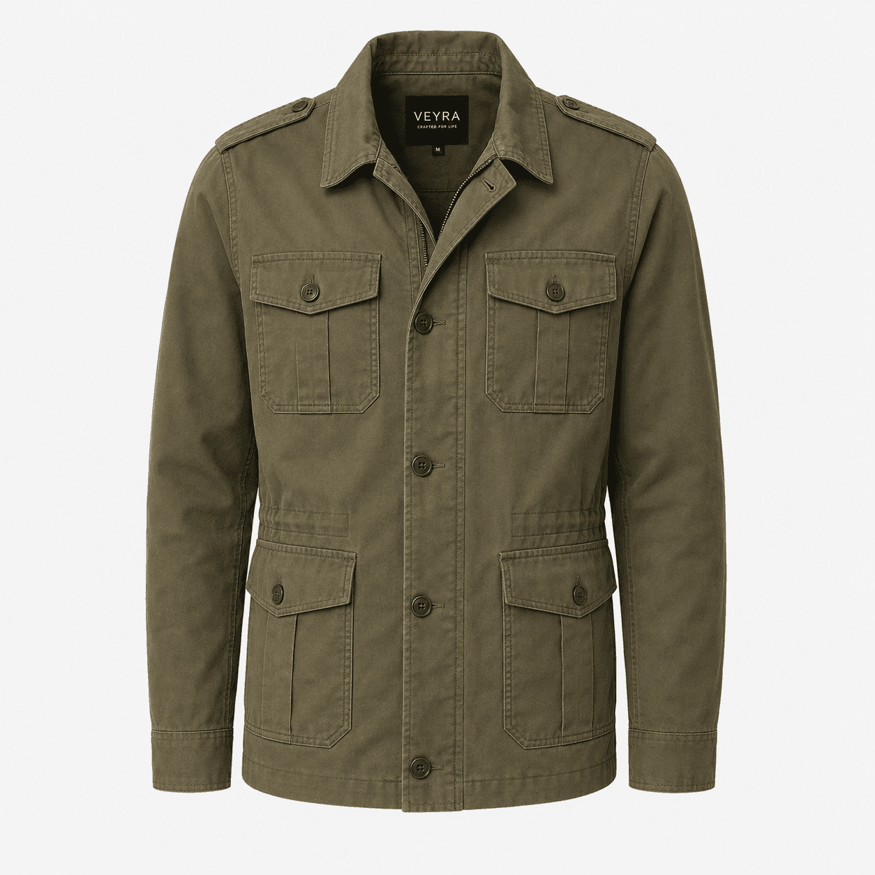 Olive field jacket on a neutral background